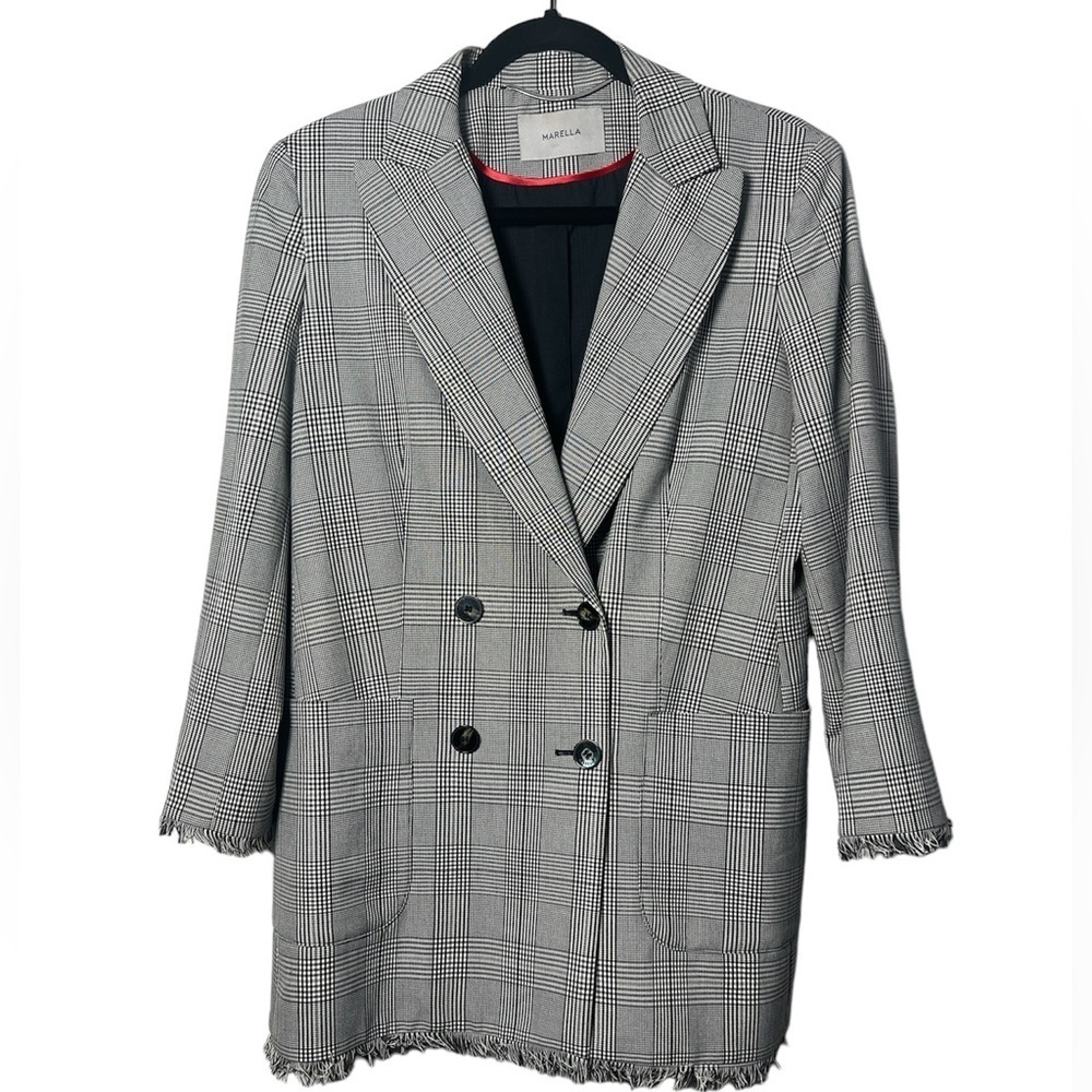 Marella Double-Breasted Plaid Fringe Blazer Jacket